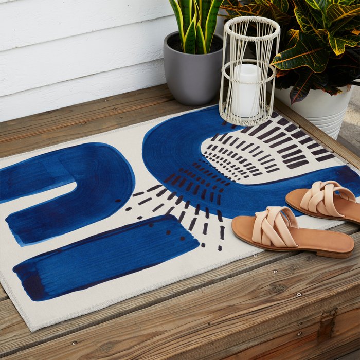 Colorful Mid Century Modern Abstract Fun Shapes Patterns Navy Blue Abstract Expressionism Outdoor Rug Gallery Image 2