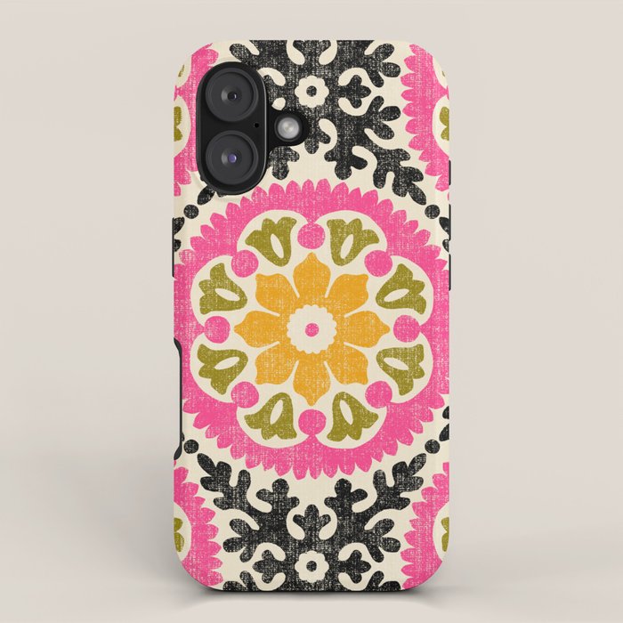 Folk Art Mandala - vintage pink, gold, and avocado green iPhone Case Gallery Image 1