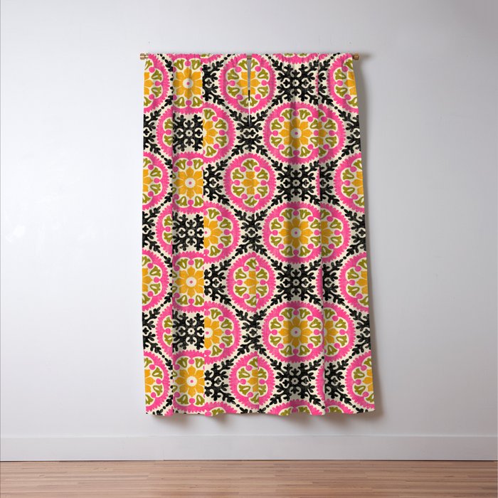 Folk Art Mandala - vintage pink, gold, and avocado green Window Curtain Gallery Image 3