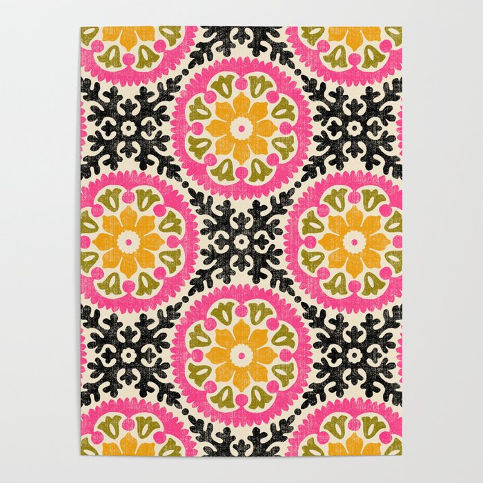 Folk Art Mandala - vintage pink, gold, and avocado green Poster Gallery Image 1