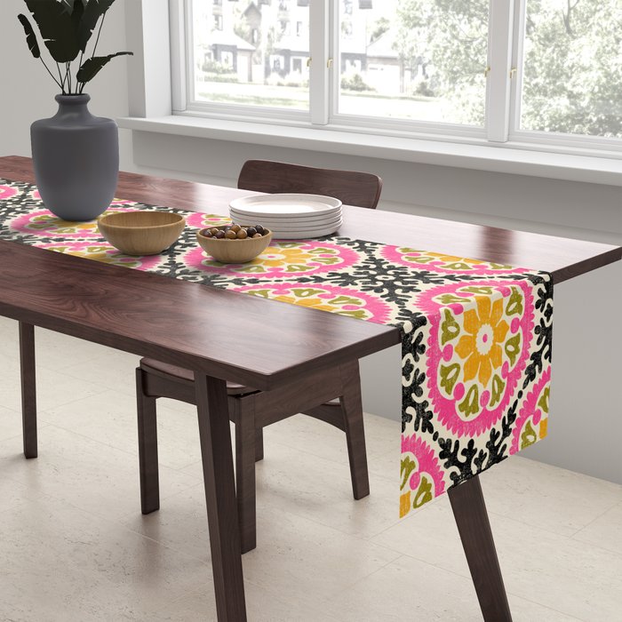 Folk Art Mandala - vintage pink, gold, and avocado green Table Runner Gallery Image 2