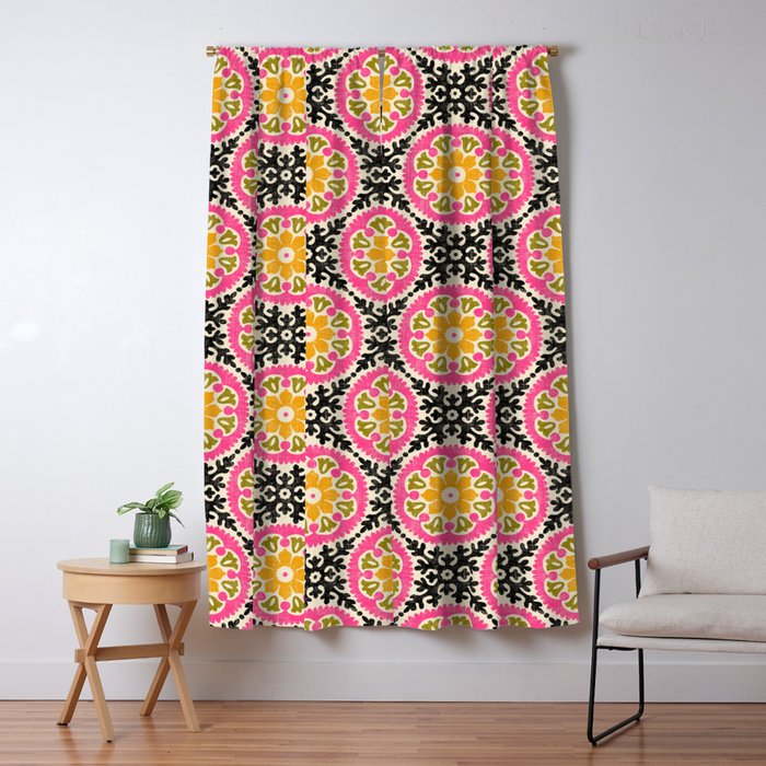 Folk Art Mandala - vintage pink, gold, and avocado green Window Curtain Gallery Image 5
