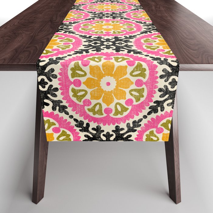 Folk Art Mandala - vintage pink, gold, and avocado green Table Runner Gallery Image 1