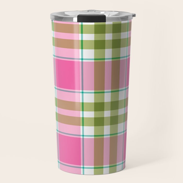 Pink Green Madras Plaid Travel Mug Gallery Image 1