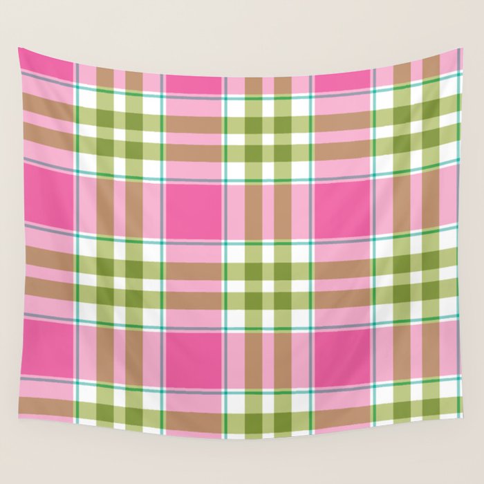 Pink Green Madras Plaid Wall Tapestry Gallery Image 1