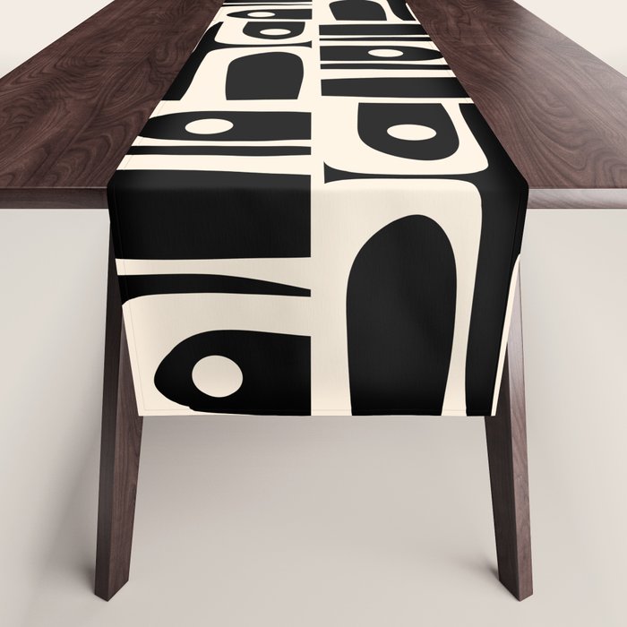 Mid Century Modern Piquet Abstract Multi Pattern in Black and Almond Cream Table Runner Gallery Image 1