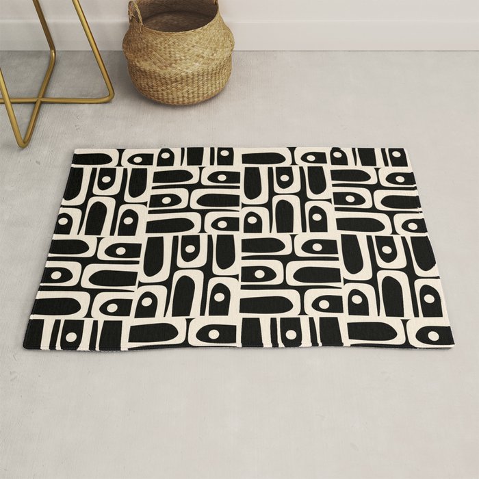 Mid Century Modern Piquet Abstract Multi Pattern in Black and Almond Cream Rug Gallery Image 1