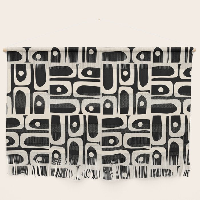 Mid Century Modern Piquet Abstract Multi Pattern in Black and Almond Cream Wall Hanging Gallery Image 1