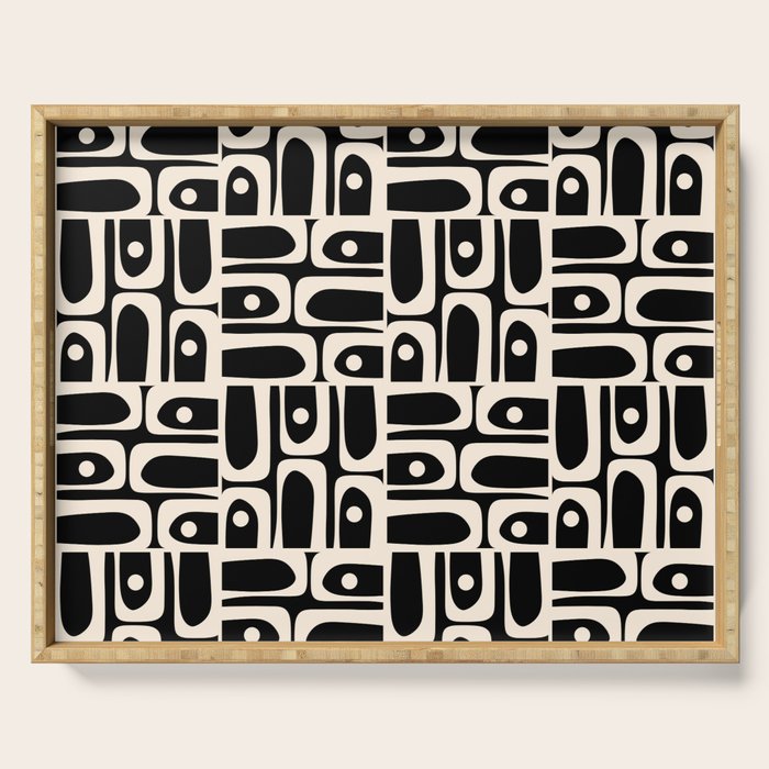 Mid Century Modern Piquet Abstract Multi Pattern in Black and Almond Cream Serving Tray Gallery Image 1