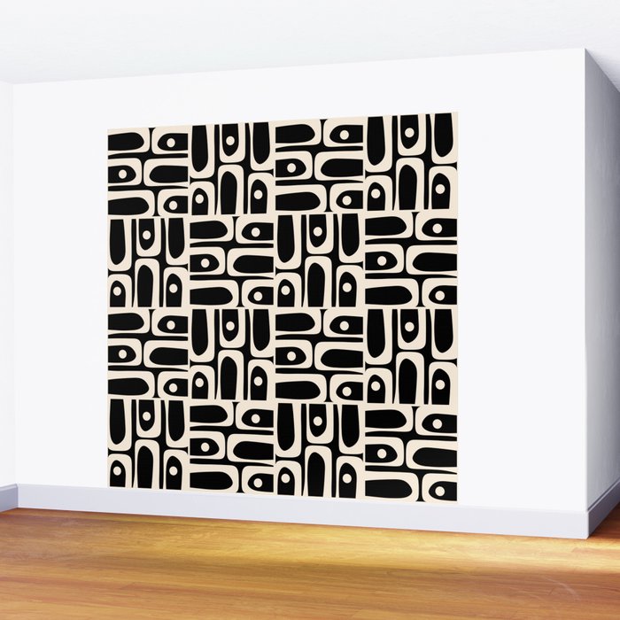 Mid Century Modern Piquet Abstract Multi Pattern in Black and Almond Cream Wall Mural Gallery Image 2