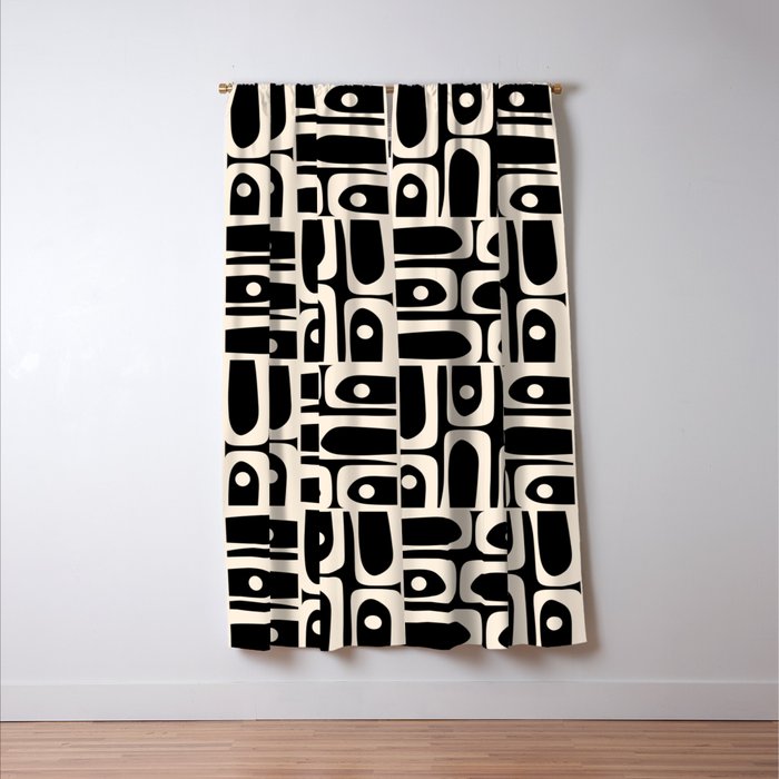 Mid Century Modern Piquet Abstract Multi Pattern in Black and Almond Cream Window Curtain Gallery Image 3
