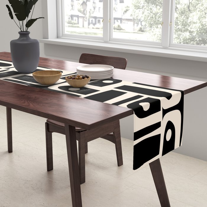 Mid Century Modern Piquet Abstract Multi Pattern in Black and Almond Cream Table Runner Gallery Image 2
