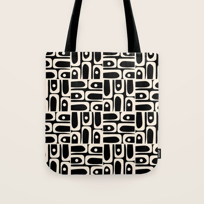 Mid Century Modern Piquet Abstract Multi Pattern in Black and Almond Cream Tote Bag Gallery Image 1