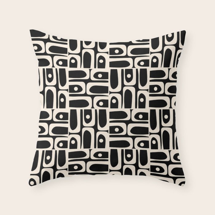 Mid Century Modern Piquet Abstract Multi Pattern in Black and Almond Cream Throw Pillow Gallery Image 1