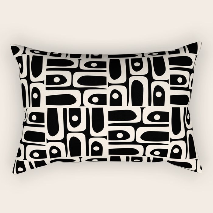 Mid Century Modern Piquet Abstract Multi Pattern in Black and Almond Cream Rectangular Pillow Gallery Image 2