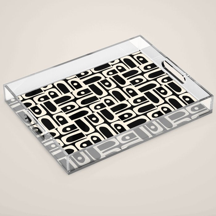 Mid Century Modern Piquet Abstract Multi Pattern in Black and Almond Cream Acrylic Tray Gallery Image 1