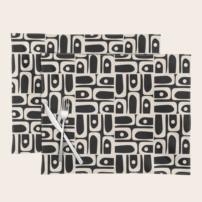 Mid Century Modern Piquet Abstract Multi Pattern in Black and Almond Cream Placemat Gallery Image 1