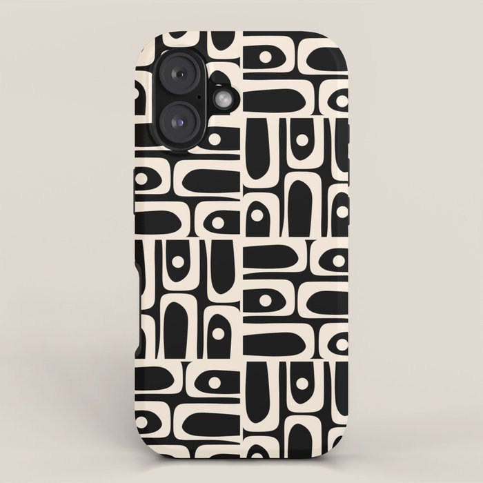 Mid Century Modern Piquet Abstract Multi Pattern in Black and Almond Cream iPhone Case Gallery Image 1