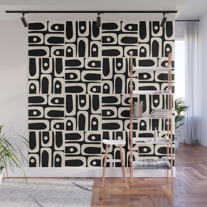 Mid Century Modern Piquet Abstract Multi Pattern in Black and Almond Cream Wall Mural Gallery Image 1