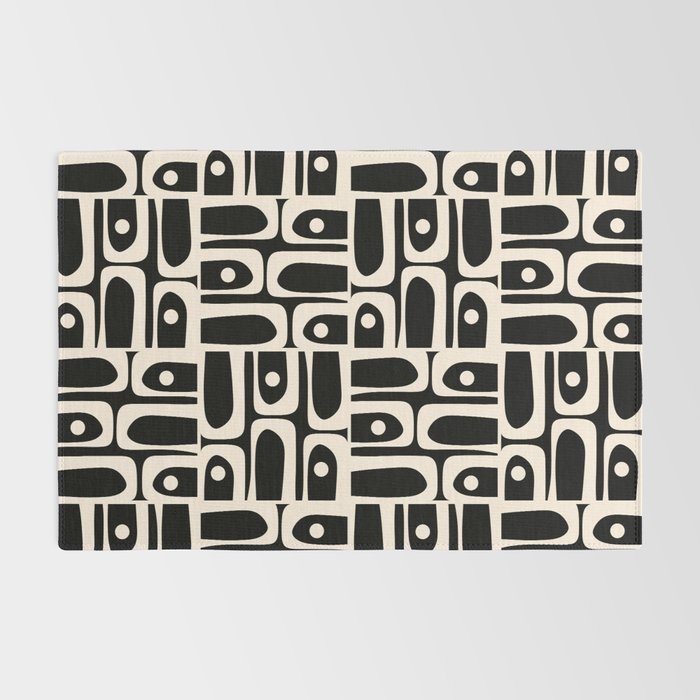 Mid Century Modern Piquet Abstract Multi Pattern in Black and Almond Cream Rug Gallery Image 2
