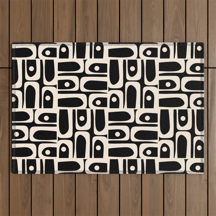 Mid Century Modern Piquet Abstract Multi Pattern in Black and Almond Cream Outdoor Rug Gallery Image 1