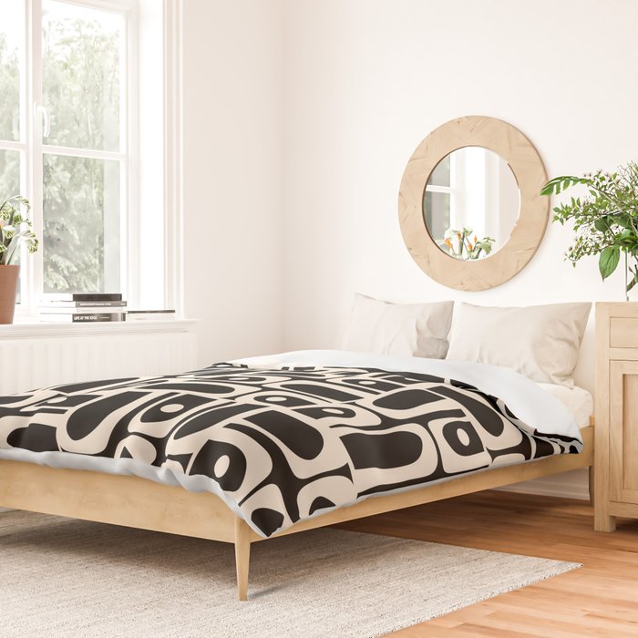 Mid Century Modern Piquet Abstract Multi Pattern in Black and Almond Cream Duvet Cover Gallery Image 2