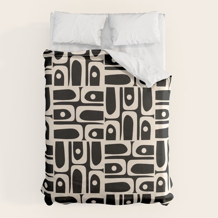 Mid Century Modern Piquet Abstract Multi Pattern in Black and Almond Cream Duvet Cover Gallery Image 6