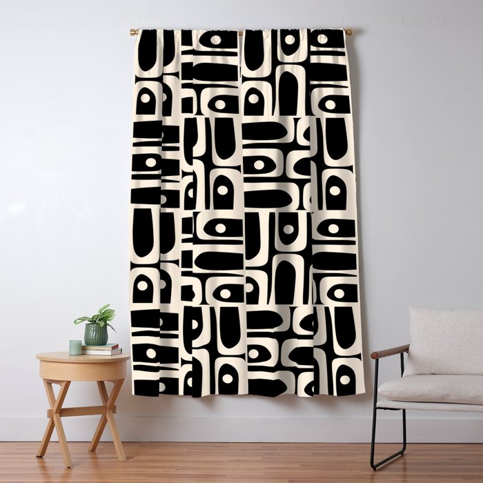 Mid Century Modern Piquet Abstract Multi Pattern in Black and Almond Cream Window Curtain Gallery Image 1
