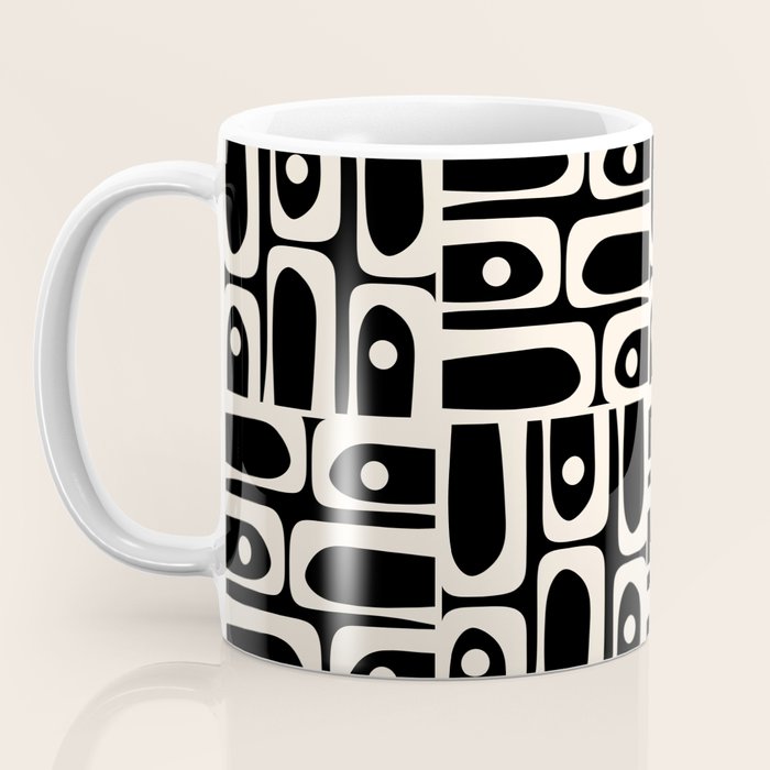 Mid Century Modern Piquet Abstract Multi Pattern in Black and Almond Cream Coffee Mug Gallery Image 3