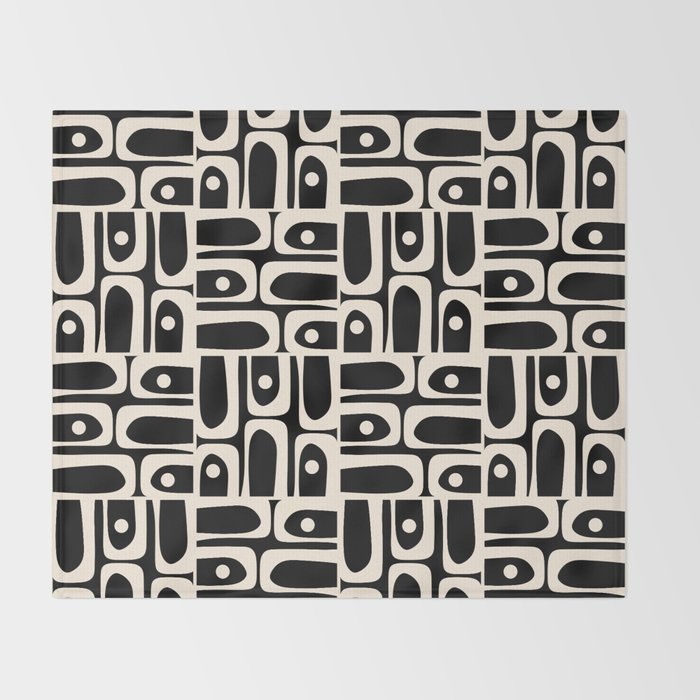Mid Century Modern Piquet Abstract Multi Pattern in Black and Almond Cream Throw Blanket Gallery Image 2