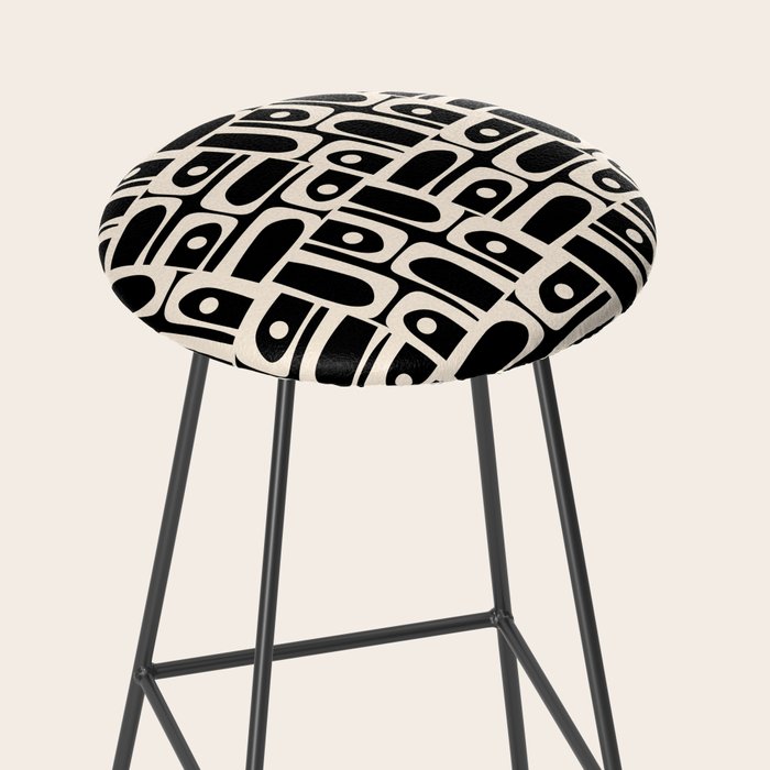Mid Century Modern Piquet Abstract Multi Pattern in Black and Almond Cream Stool Gallery Image 2