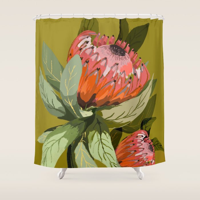 Protea, Australian native, flower, abstract, olive green, bright colors Shower Curtain Gallery Image 1