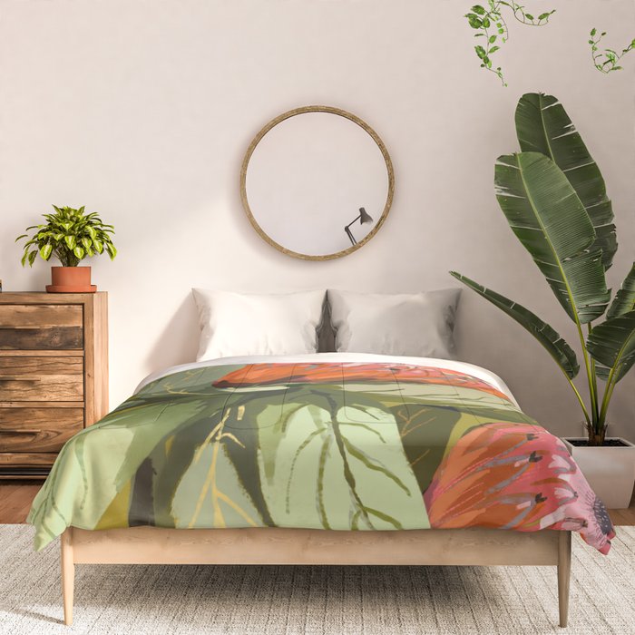 Protea, Australian native, flower, abstract, olive green, bright colors Comforter Gallery Image 3