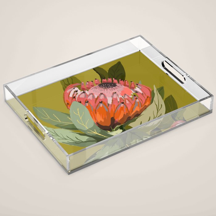 Protea, Australian native, flower, abstract, olive green, bright colors Acrylic Tray Gallery Image 1