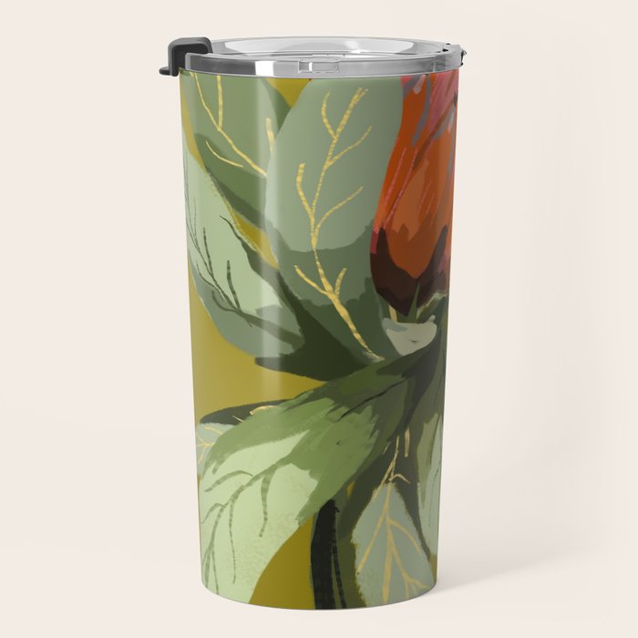 Protea, Australian native, flower, abstract, olive green, bright colors Travel Mug Gallery Image 3