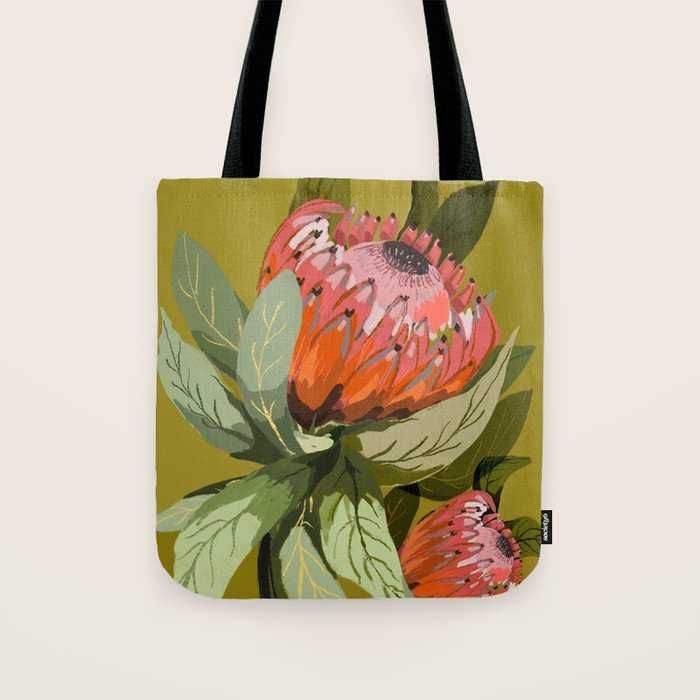 Protea, Australian native, flower, abstract, olive green, bright colors Tote Bag Gallery Image 1