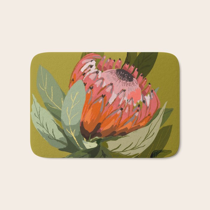 Protea, Australian native, flower, abstract, olive green, bright colors Bath Mat Gallery Image 1