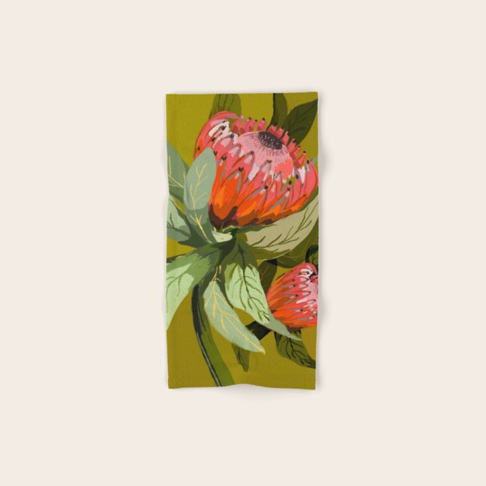 Protea, Australian native, flower, abstract, olive green, bright colors Bath Towel Gallery Image 1