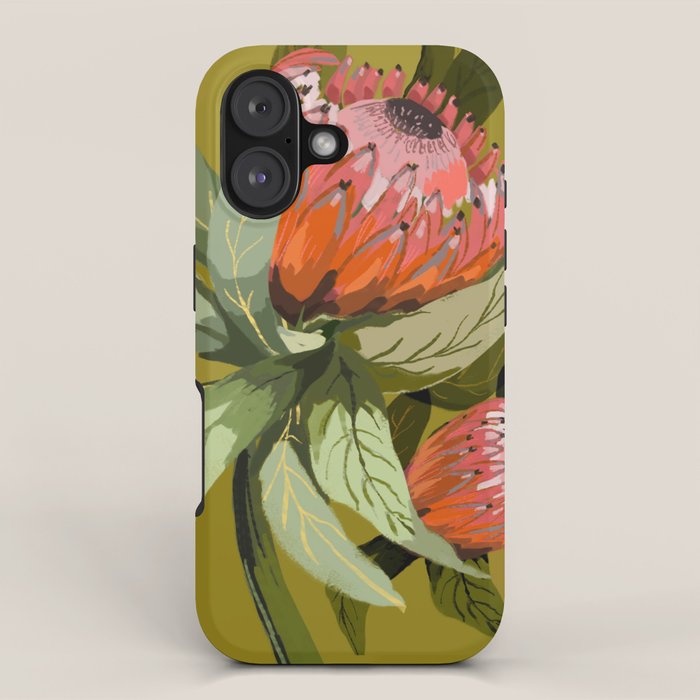 Protea, Australian native, flower, abstract, olive green, bright colors iPhone Case Gallery Image 1