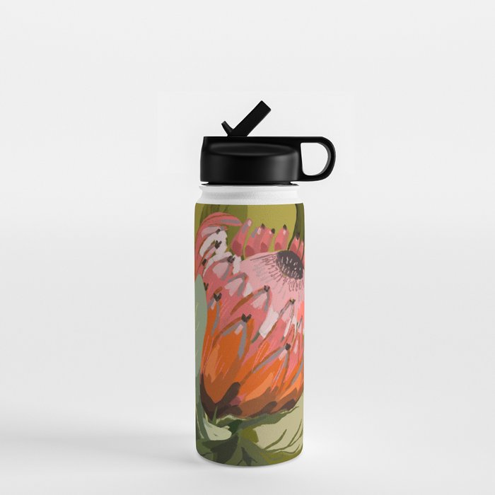 Protea, Australian native, flower, abstract, olive green, bright colors Water Bottle Gallery Image 1