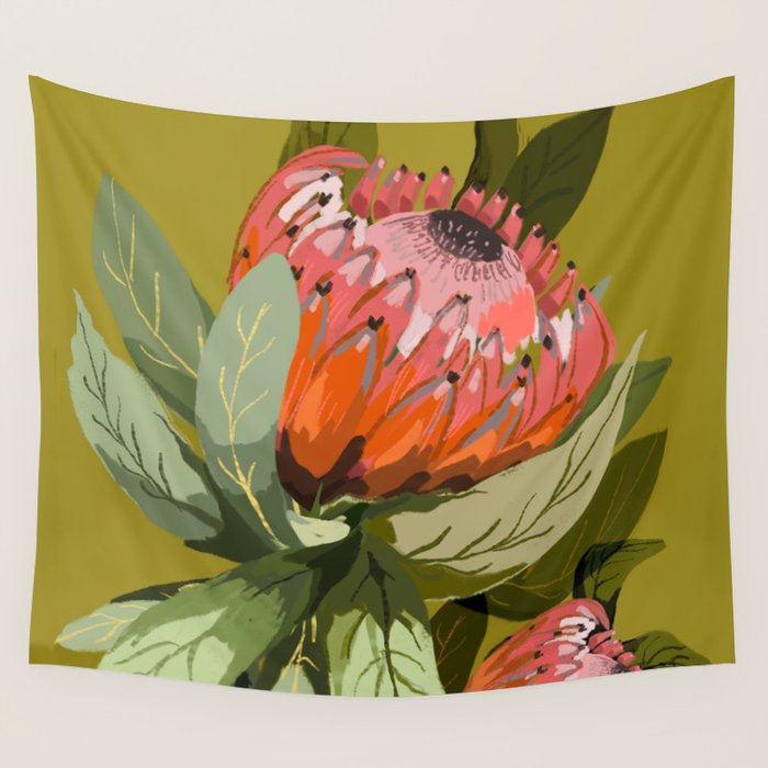 Protea, Australian native, flower, abstract, olive green, bright colors Wall Tapestry Gallery Image 4
