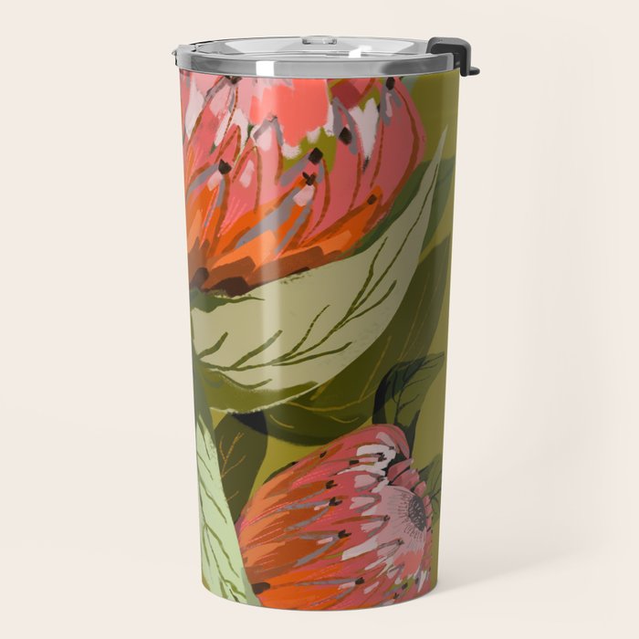 Protea, Australian native, flower, abstract, olive green, bright colors Travel Mug Gallery Image 2