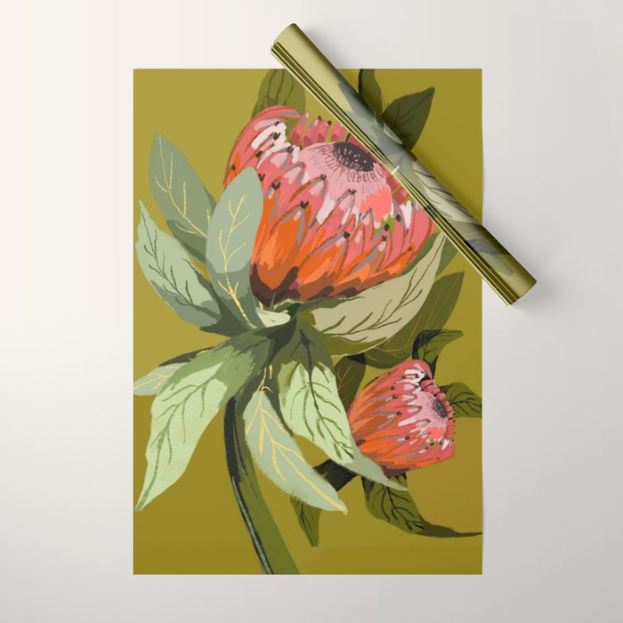 Protea, Australian native, flower, abstract, olive green, bright colors Wrapping Paper Gallery Image 1