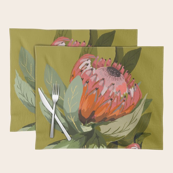 Protea, Australian native, flower, abstract, olive green, bright colors Placemat Gallery Image 1