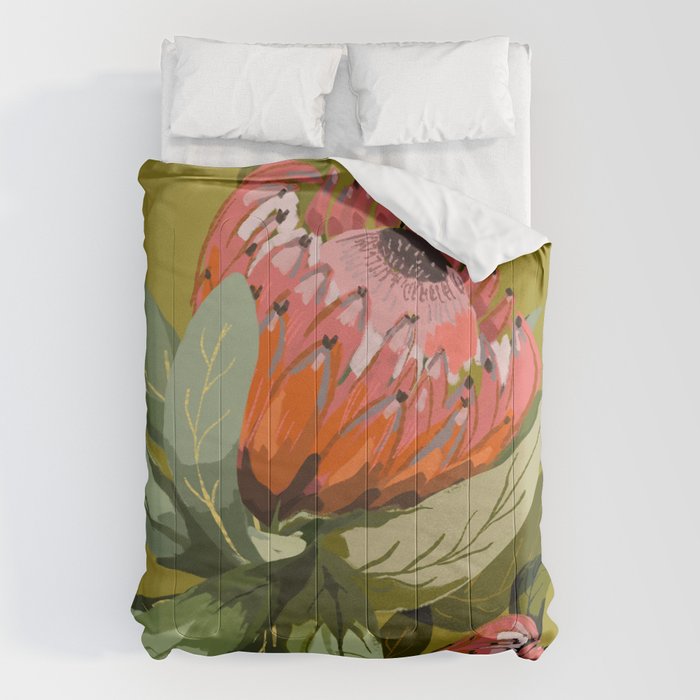 Protea, Australian native, flower, abstract, olive green, bright colors Comforter Gallery Image 6