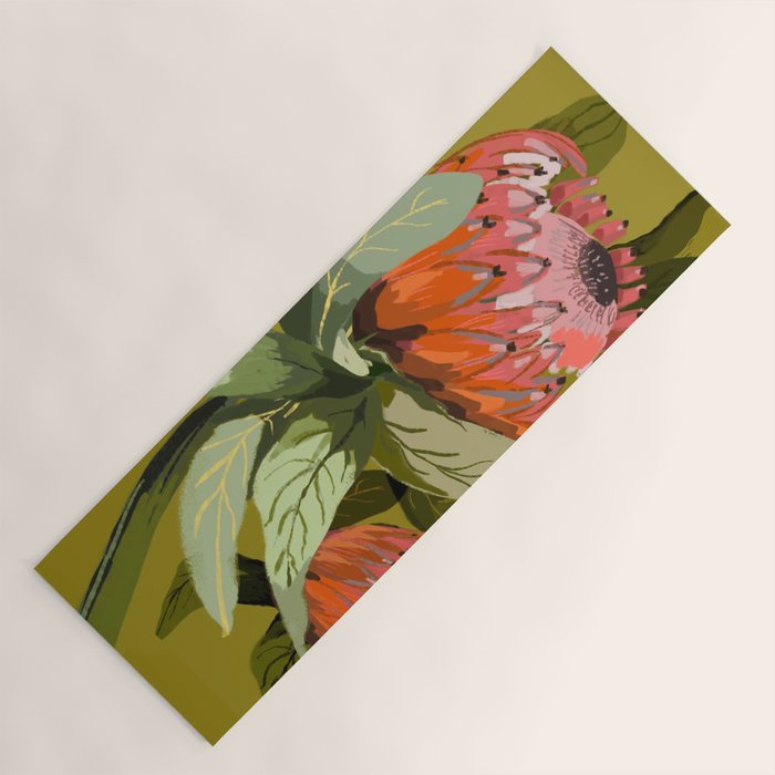 Protea, Australian native, flower, abstract, olive green, bright colors Yoga Mat Gallery Image 1