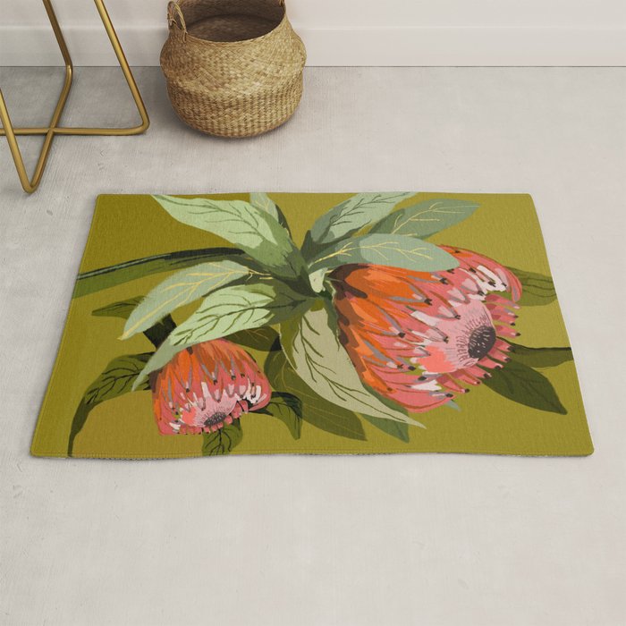Protea, Australian native, flower, abstract, olive green, bright colors Rug Gallery Image 1