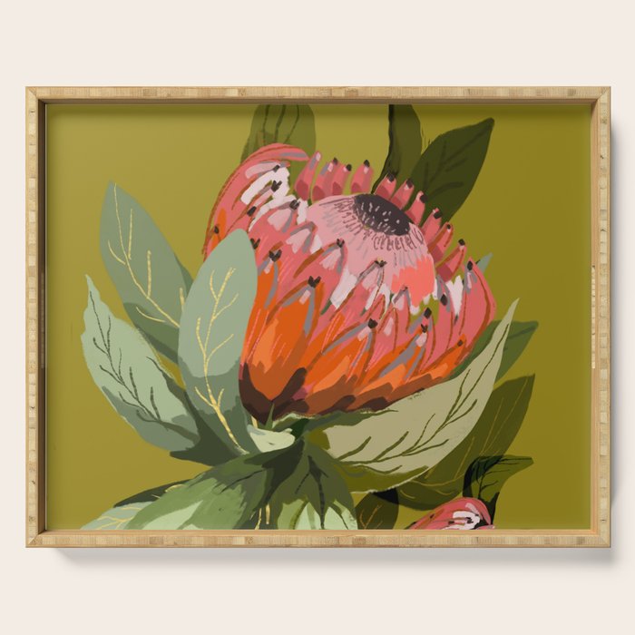 Protea, Australian native, flower, abstract, olive green, bright colors Serving Tray Gallery Image 1