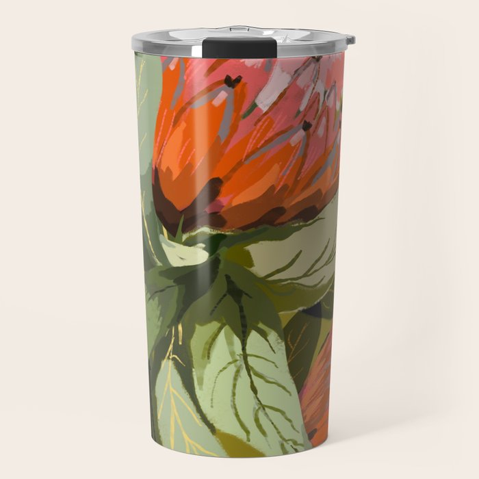 Protea, Australian native, flower, abstract, olive green, bright colors Travel Mug Gallery Image 1