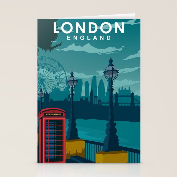 London Travel Poster Telephone booth and skyline Stationery Card Gallery Image 1